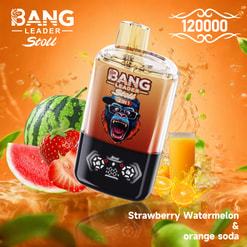 Orange Bang Leader Stoll 2-In-1 Vape Ad With Fruit And Soda Splash Background, Showing Strawberry Watermelon And Orange Soda Flavors