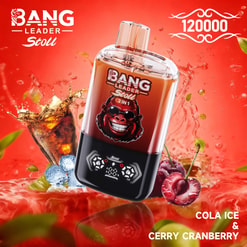 Bang Leader Stoll Vape Device On Red Background With Cola Ice And Cherry Cranberry Splashes
