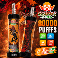 Reklambild för Bang Shisha Peach Mango Watermelon vape-enheter med specifikationer och en eldigt anime-inspirerad bakgrund