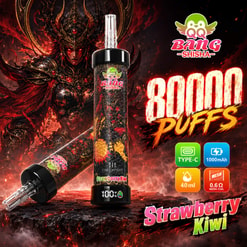 Reklambild för QQ Bang Shisha 8000 bloss Jordgubb Kiwi engångsvape med funktionsikoner och fantasifull grafik