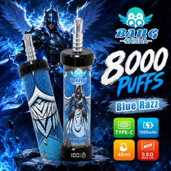 Reklambild för Bang Shisha 8000 bloss Blue Razz vape med blåvingad karaktär och funktionsikoner