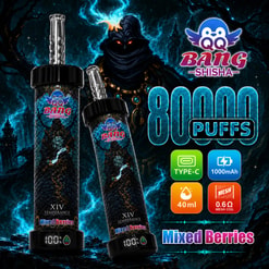 Reklambild för QQ Bang Shisha Mixed Berries vape-enhet, visar två enheter, 8000 bloss och funktionsikoner