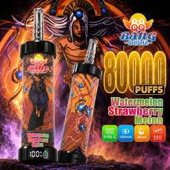 Färgstark Bang Shisha vape-annons med två enheter, 8000 bloss, Vattenmelon Jordgubb Melon, med Type-C, 1000mAh, 40 ml och mesh-spole-ikoner