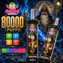 Reklambild för QQ Bang Shisha 80 000 bloss Vattenmelon vape med två enhetsbilder och funktionsikoner