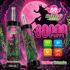 Reklambild för Bang Shisha vape-enheter i Jordgubb Vattenmelon, visar 8000 bloss, Type-C, 1000mAh, 40 ml och 0.6Ω mesh-spole