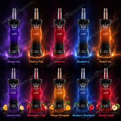 Colorful Vape Device Lineup With Ten Flavor Variants On A Dark Neon Background