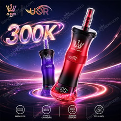 Uor Al Bang 300K Promotional Graphic For Two Yor Vape Devices Labeled 300K, In Red Double Apple And Purple Grape Ice, With Feature Icons Below