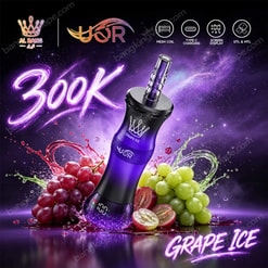 Promotional Graphic Of A Purple Yqr Vape Device With Grape Ice Flavor, Grapes, And Feature Icons On A Cosmic Background