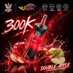 Red Yor 300K Vape Ad With Apples, Splash Effects, And Feature Icons On A Black Background