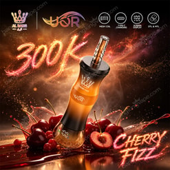 Promotional Graphic Of A Jor 300K Cherry Fizz Vape Device With Cherries And Glowing Orange Effects, Showing Feature Icons At Top