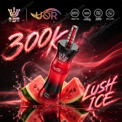 Promotional Graphic Of A Red And Black Vape Device With Watermelon Slices And The Text 30K, Lush Ice, And Features Icons