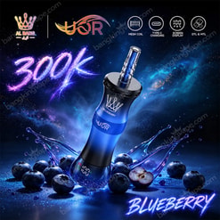 Blueberry-Flavored Yor Vape Ad With 300K Label, Mesh Coil, Type-C Charging Icons, And Blueberries Splashed In A Cosmic Background
