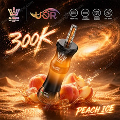 Promotional Graphic For An Al Bang Yoor 300K Peach Ice Vape With Peaches, Ice Splash, And Feature Icons