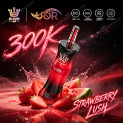 Promotional Graphic Of A Red Vape Device Labeled Strawberry Lush With Strawberries, Watermelon, And 300K Text