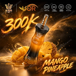 Promotional Image Of An Al Bang Yor Vape Device With Mango Pineapple Flavor, Glowing Text, And Fruit Splash Graphics