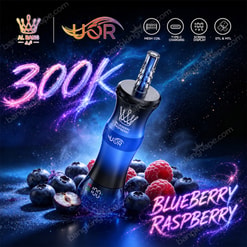 Promotional Graphic Of A Blue Al Bang Yor Vape With Berries, “300K,” And Icons For Mesh Coil, Usb-C Charging, Display, And Dtl/Mtl