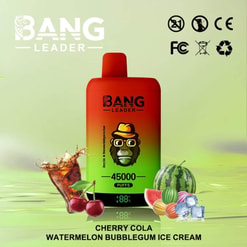 Bang Leader Vape Device In A Cherry Cola, Watermelon Bubblegum Ice Cream Flavor With Fruit And Ice Graphics, 45000 Puffs