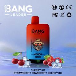 Bang Leader Vape Device With Cherry Ice, Strawberry Cranberry Cherry Ice Flavors, And Fruit And Ice Graphics