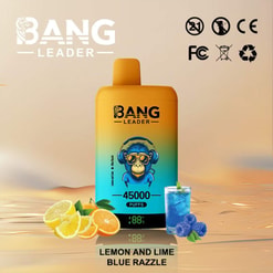Bang Leader Vape Device With Monkey Graphic, Labeled 45,000 Puffs, Lemon And Lime Blue Razzle Flavor