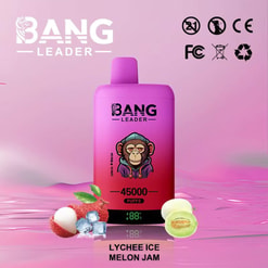 Pink Bang Leader Vape Package With A Monkey Logo, 45,000 Puffs, And Lychee Ice Melon Jam Flavor Icons