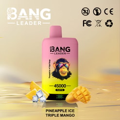 Bang Leader Disposable Vape With Pineapple Ice And Triple Mango Flavor, 45000 Puffs, Shown With Mango And Ice Graphics