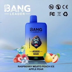 Bang Leader Vape Device With Gorilla Logo, 45,000 Puffs, And Assorted Fruit Flavor Icons On A Blue Background