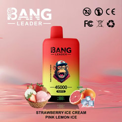 Bang Leader Vape Device With 45,000 Puffs, Strawberry Ice Cream And Pink Lemon Ice Flavors, Shown With Fruit And Ice Cream Graphics
