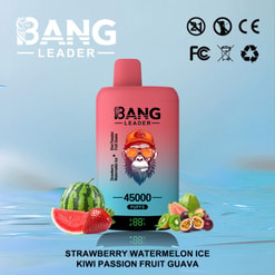 Pink Bang Leader Vape Device With Fruit Illustrations And 45000 Puffs Text, Shown With Certification Icons
