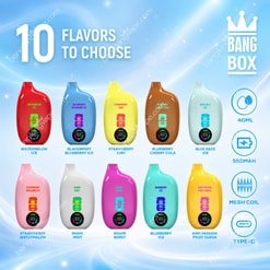 Dieci dispositivi vape Bang Box colorati che mostrano sapori come Watermelon Ice, Blueberry Cherry Cola e Kiwi Passion Fruit Guava con caratteristiche da 40 ml, 550 mAh, resistenza a maglia e Type-C