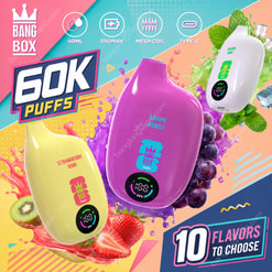 Three Colorful Bang Box 60K Vape Devices Labeled Strawberry Kiwi, Grape Burst, And Miami Mint With Splashes Of Fruit And Text Highlighting 60K Puffs And 10 Flavor Options