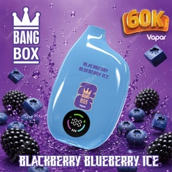 Blue Vaping Device Labeled Blackberry Blueberry Ice Surrounded By Blackberries, Blueberries, And Purple Liquid Splash On Purple Background