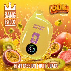 Dispositivo vape Bang Box giallo circondato da Kiwi, Frutto della Passione e Guava con schizzi di succo 