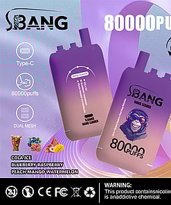 Promotional image for SBang Bang Leader 80000 product showing two purple 80000 puffs disposable vaping devices with features like Type-C charging and Dual Mesh coil technology, highlighting triple flavors: Cola Ice, Blueberry Raspberry, and Peach Mango Watermelon, alongside cautionary nicotine warning and certification icons.Promotional image for SBang Bang Leader 80000 product showing two purple 80000 puffs disposable vaping devices with features like Type-C charging and Dual Mesh coil technology, highlighting triple flavors: Cola Ice, Blueberry Raspberry, and Peach Mango Watermelon, alongside cautionary nicotine warning and certification icons.