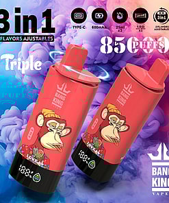 Promotional image showing two red Bang King Triple 85000 vape devices with cartoon monkey artwork and '3 in 1' flavor feature, set against a colorful vapor background.