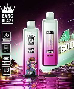 Promotional image featuring two Bang Blaze vaping devices with 60000 puff capacity and 4-in-1 flavor options against a vibrant, colorful background with neon accents and reflection effects.
