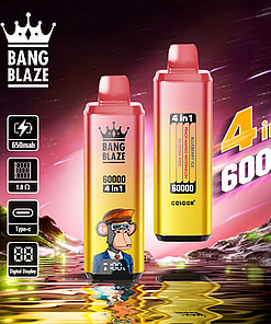 Promotional image featuring Bang Blaze 4-in-1 vaping devices with 60000 puffs capacity, digital display, Type-C charging, and various flavor options against a vibrant, stylized cosmic background.