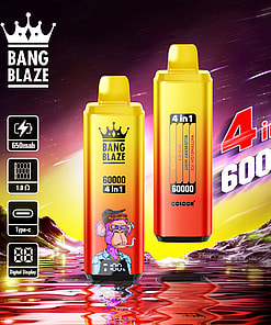 Two e-cigarette devices labeled Bang Blaze 60,000 4-in-1, with vibrant designs featuring icons and a colorful background; technical specifications displayed alongside.