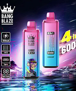 Two vibrant electronic vaporizer devices labeled 'Bang Blaze 4 in 1, 60000' with features such as a digital display, Type-C connector, and 650mAh battery against a futuristic background with water reflections.
