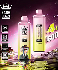 Two pink and yellow Bang Blaze vape devices are displayed against a cosmic-themed background showcasing features like 4-in-1 flavors, digital display, Type-C charging, 1.0Ω coil, and 650mAh battery capacity.