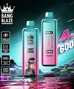 Promotional image featuring two colorful vaping devices labeled 'Bang Blaze,' showcasing specifications like 650mAh battery, Type-C charging, and digital display, with a futuristic background and reflective water surface.