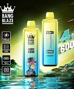 Promotional image of Bang Blaze vape products featuring two devices labeled '4 in 1, 60000,' with one displaying a monkey mascot design, surrounded by specifications including '650mAh,' 'Type-C,' and 'Digital Display.'