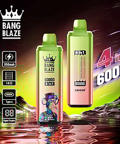 Two Bang Blaze 4-in-1 vape devices with a green gradient design, displaying specifications like 650mAh battery, Type-C charging, and digital display, set against a vibrant, otherworldly landscape.