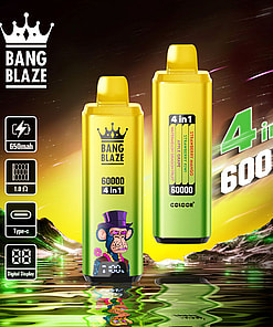Promotional image featuring two Bang Blaze vaping devices, showcasing their bright yellow-green design with listed specifications such as 60,000 puff capacity, 4-in-1 flavors, 650mAh battery, and digital display, against a vibrant futuristic landscape background.
