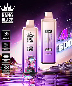 Two Bang Blaze vaping devices standing upright with branding and features highlighted, against a purple cosmic backdrop with reflective water and mountains.