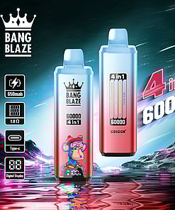 Promotional image featuring two Bang Blaze vaping devices with text highlighting specifications like 650mAh, Type-C charging, digital display, and 60,000 puffs; designed with a striking mirrored landscape background.