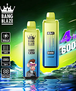 Promotional image for Bang Blaze 4-in-1 device featuring vibrant packaging and specifications, including 60000 puffs capacity, multiple flavors, 650mAh battery, and digital display, set against a colorful background with water reflections.