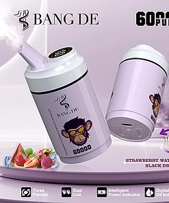 Promotional image showing two Bang De vaping devices featuring a purple design with an illustrated monkey logo, labeled for 60,000 puffs and offering three flavors: strawberry watermelon, black dragon ice.