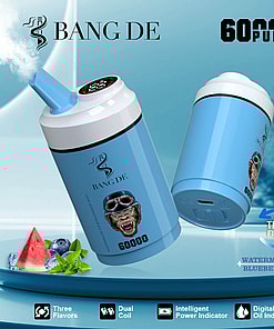 Promotional image of a Bang De branded vape device with a blue cylindrical design, featuring 60,000 puffs, three flavor options, and indicators for power and oil levels.