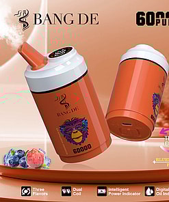 An advertisement image for the Bang De vaping device, showcasing its orange-colored cylindrical design, features, and branding, with text indicating 60,000 puffs and flavors such as blueberry ice and peach ice.