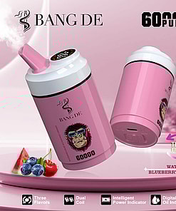 Pink vaping devices labeled Bang De with a caricature of a gorilla wearing sunglasses, promoting features like three flavors (watermelon, blueberry, cherry), dual coil, intelligent power indicator, and 60,000 puffs capacity.